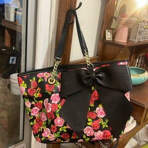 Betsey Johnson tote - floral on black with black bow